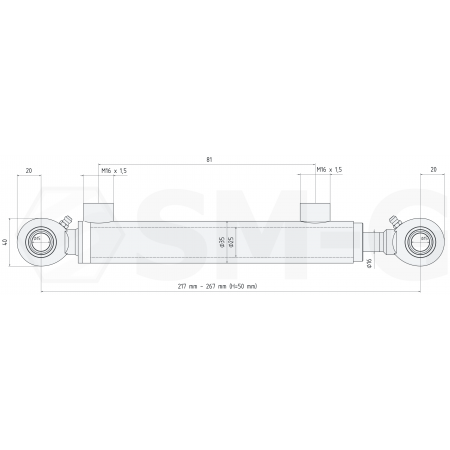 POLSKI CIENKI SIŁOWNIK HYDRAULICZNY 25x16 SKOK 50 L= 217 mm SKRAW-MET
